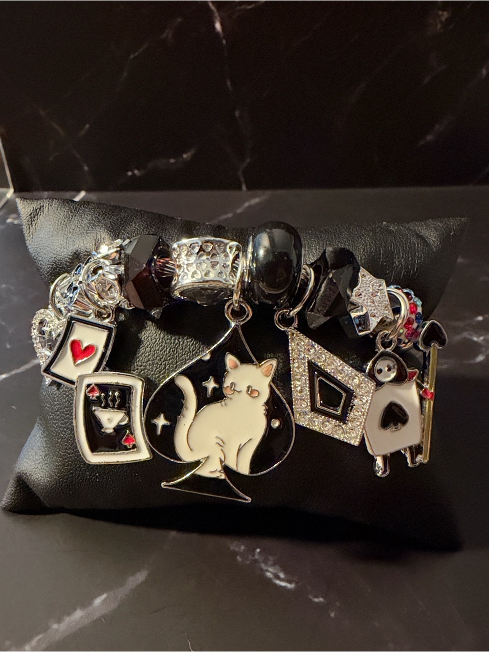 Cat Charm Bracelet - Black and Silver Enamel Playing Card Design Stainless Steel